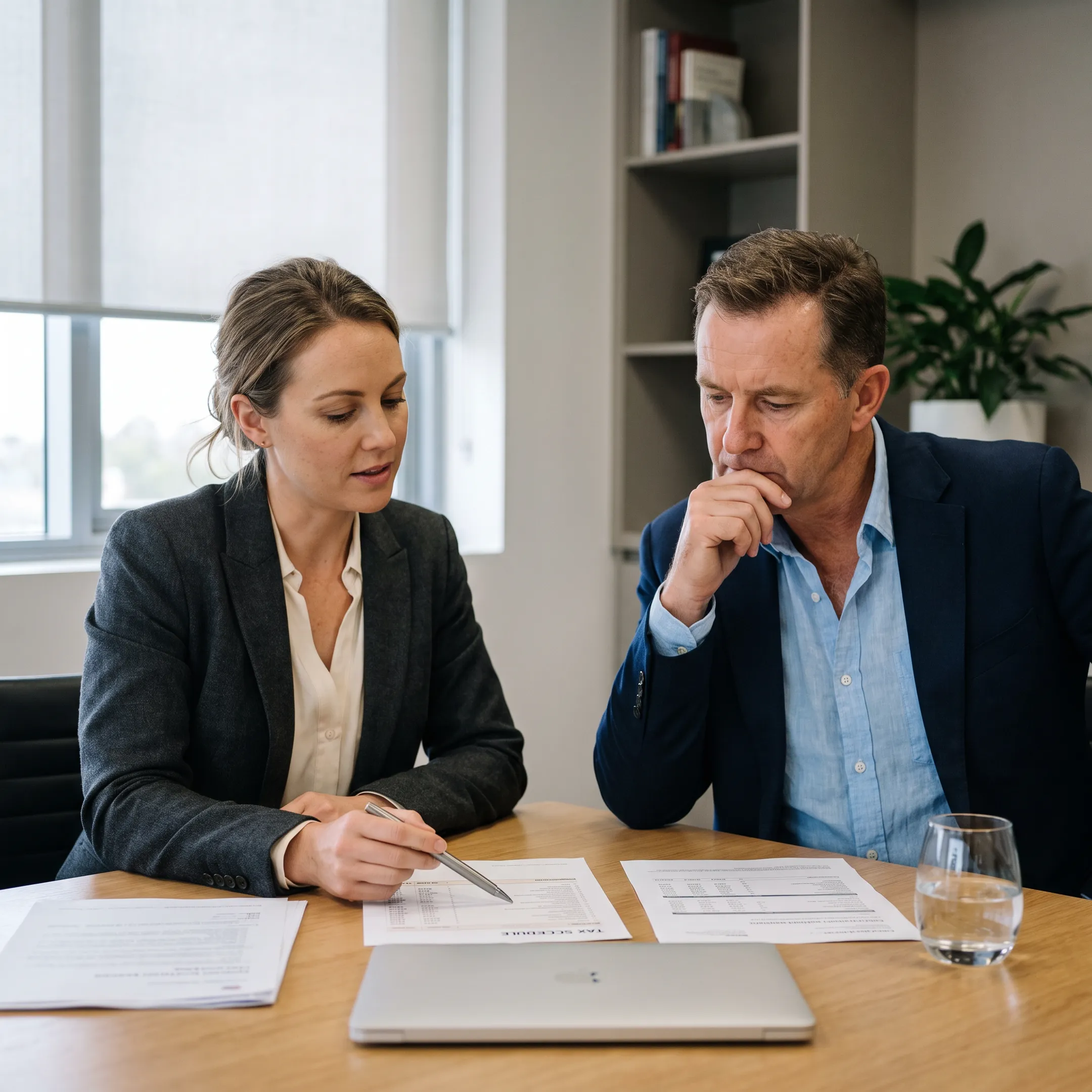 Tax adviser discussing corporate return preparation with a business owner