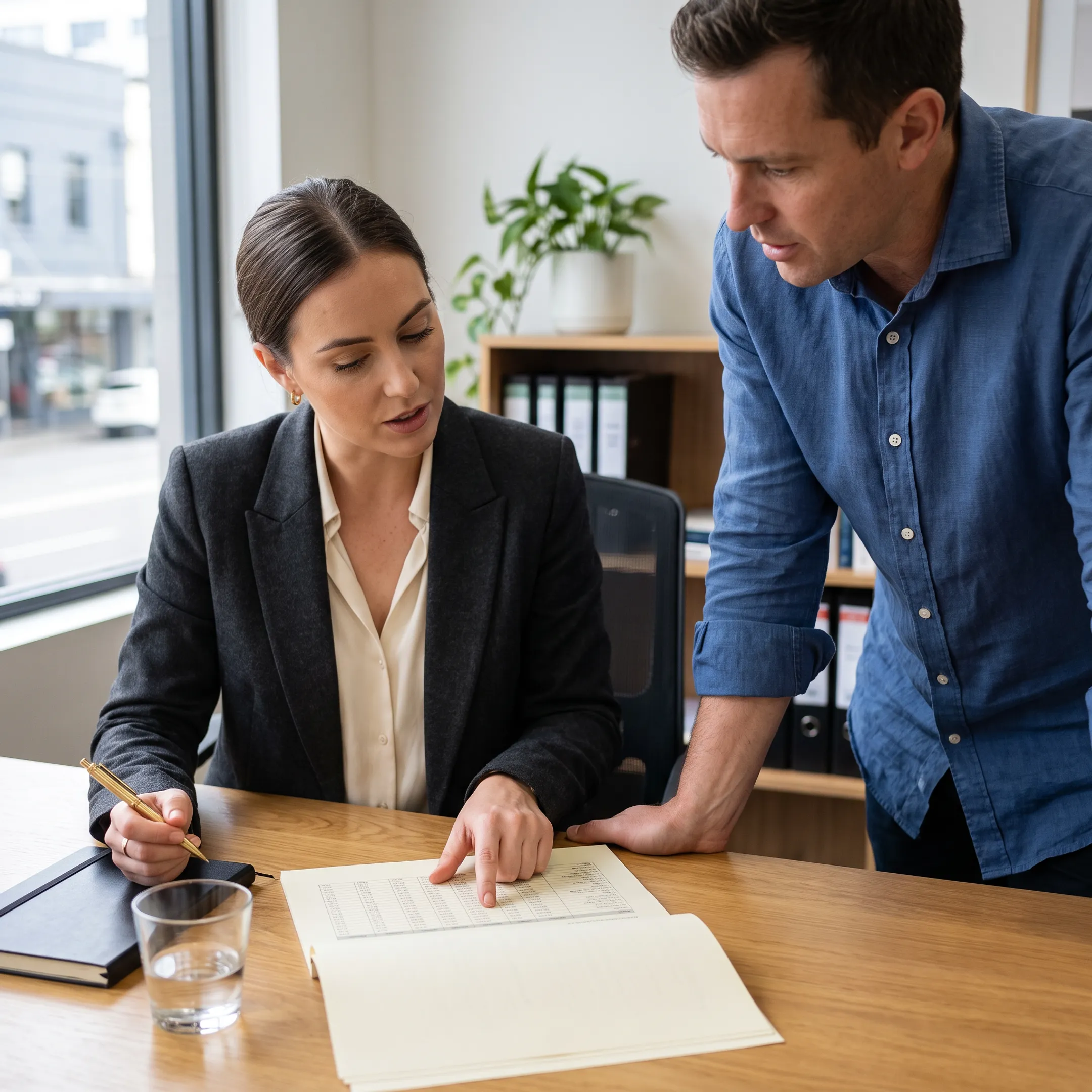 Tax advisor reviewing S corporation documents with a business owner