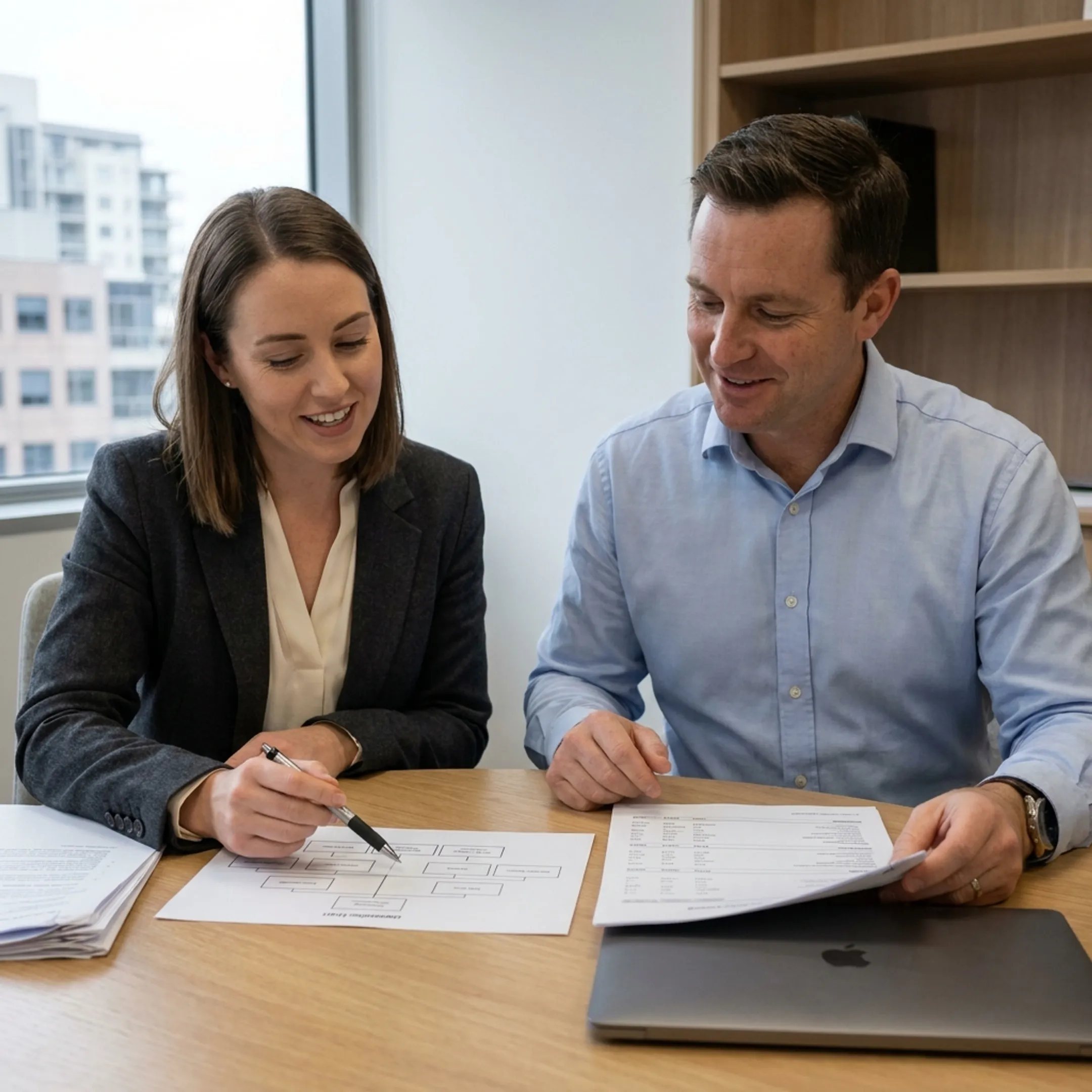 Accountant reviewing Texas franchise tax documents for affiliated companies
