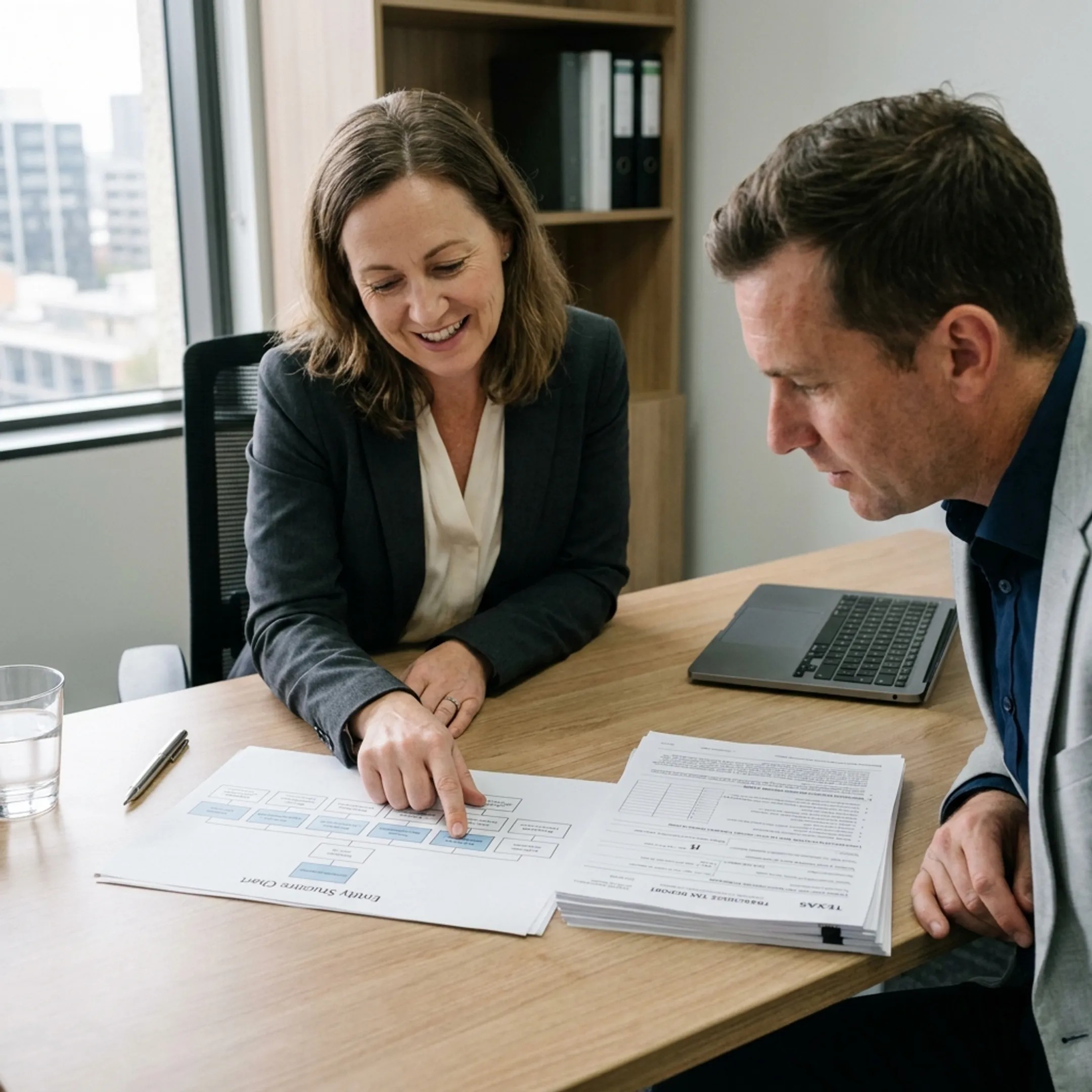 Advisor explaining combined group reporting on a Texas tax return