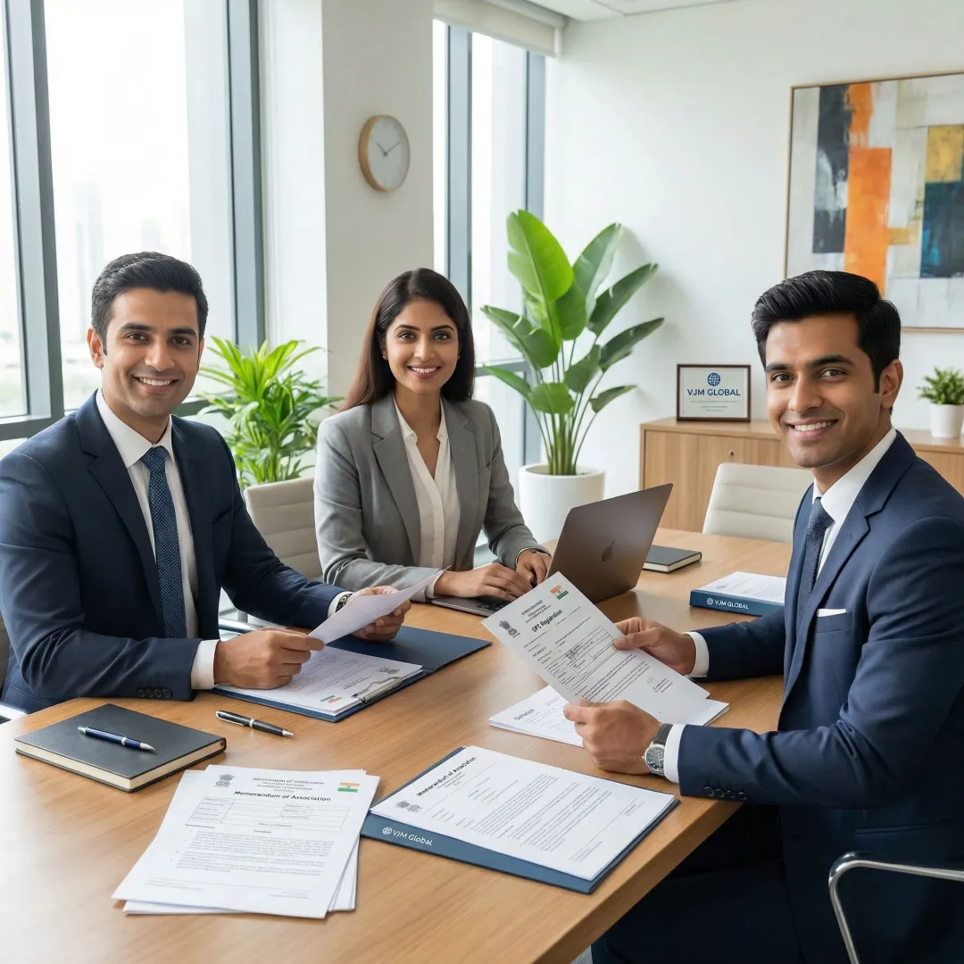 Professional business setup consultation meeting with documents and laptop