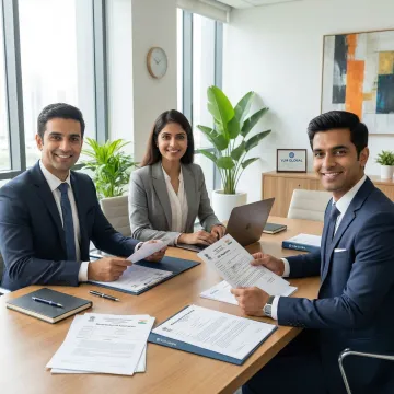 Professional business setup consultation meeting with documents and laptop
