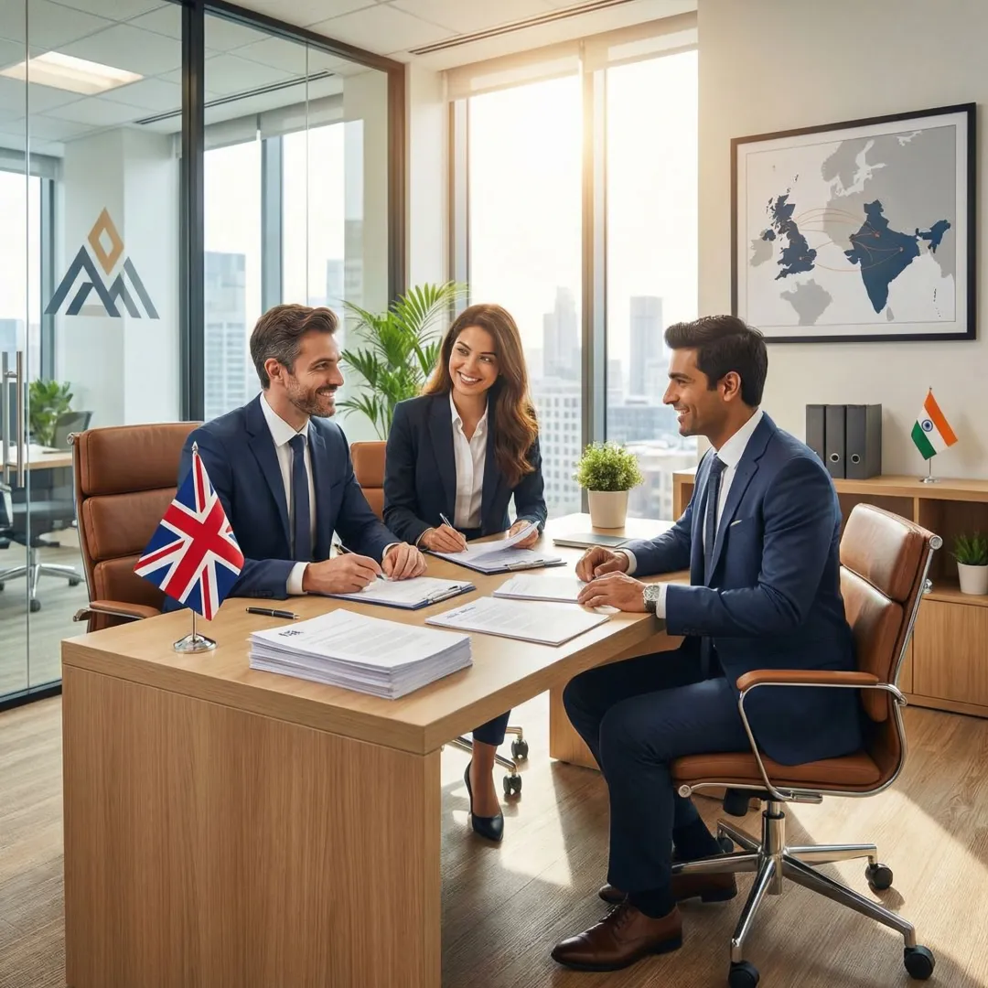 Indian business professionals reviewing UK company registration documents