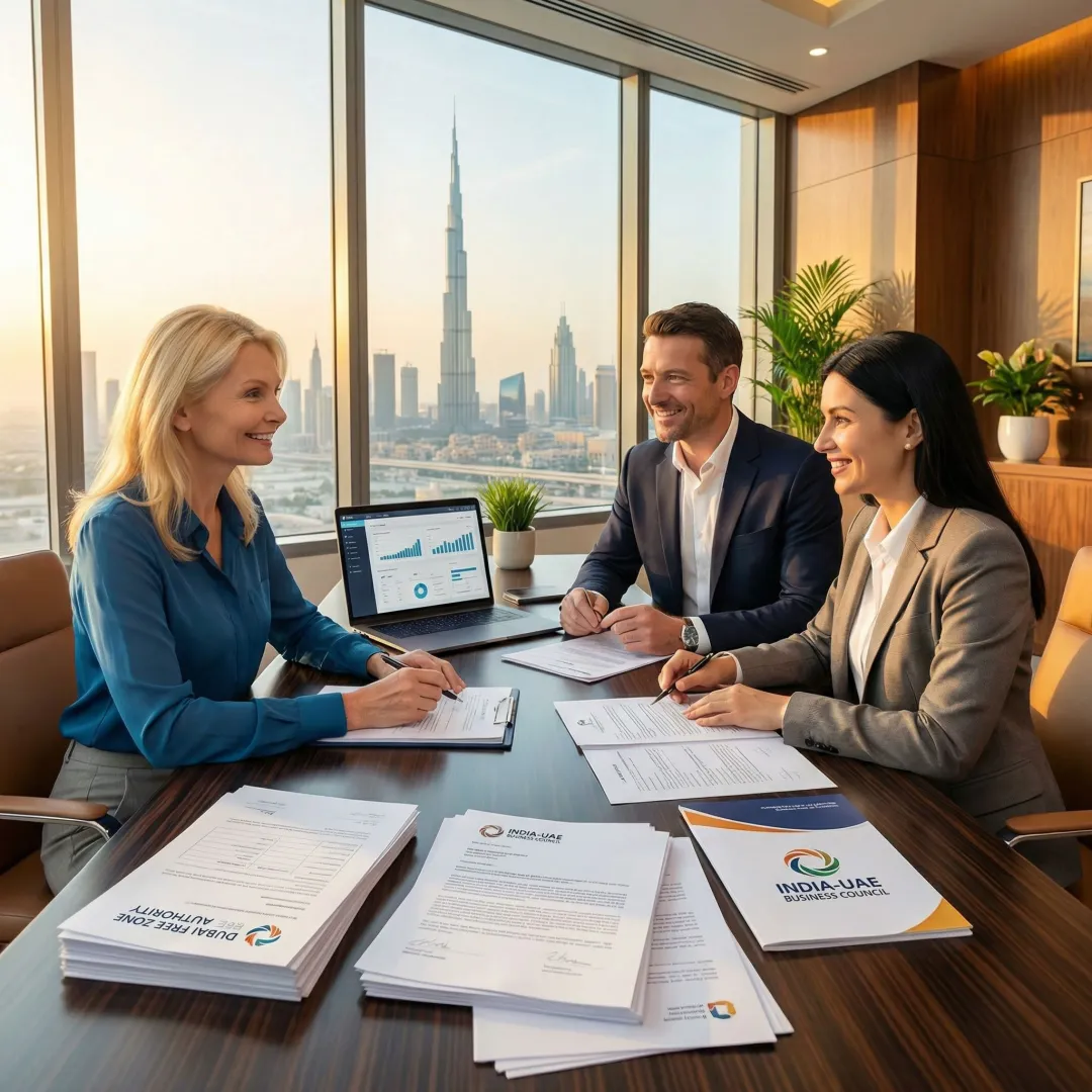 Professional business consultants assisting with Dubai Free Zone company registration documents