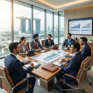 Indian business owners discussing audit findings with VJM Global consultant in Singapore