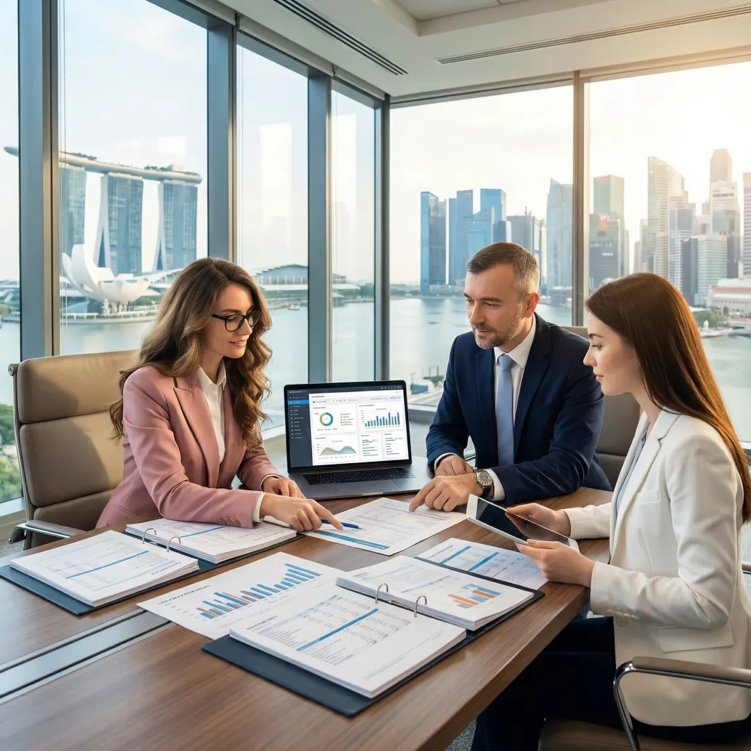 Professional auditors reviewing financial documents for Indian business in Singapore office