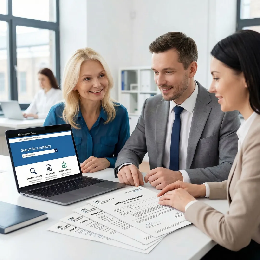 Business professionals reviewing UK company formation documents and incorporation paperwork
