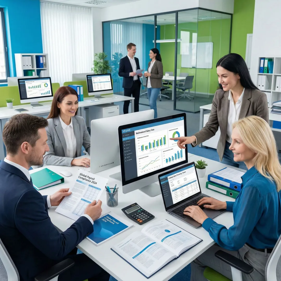 Professional payroll processing team managing employee data and compliance for US companies in India