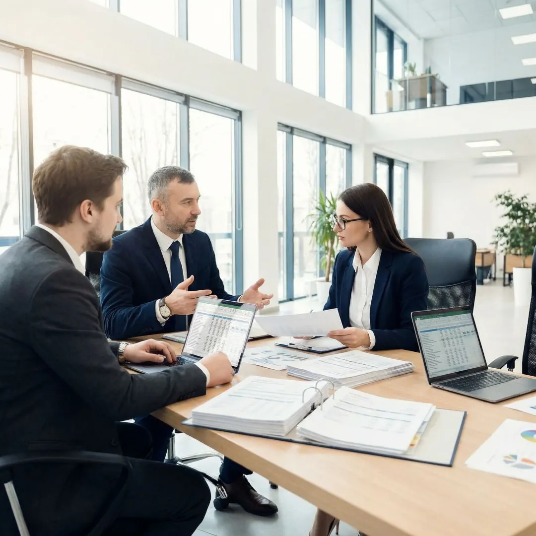 Chartered accountants conducting audit procedures with financial documents and digital analysis tools