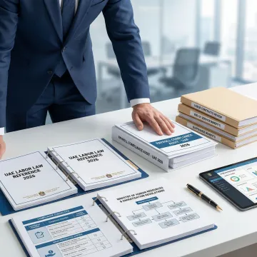 Payroll specialist reviewing compliance documents with UAE labor law requirements