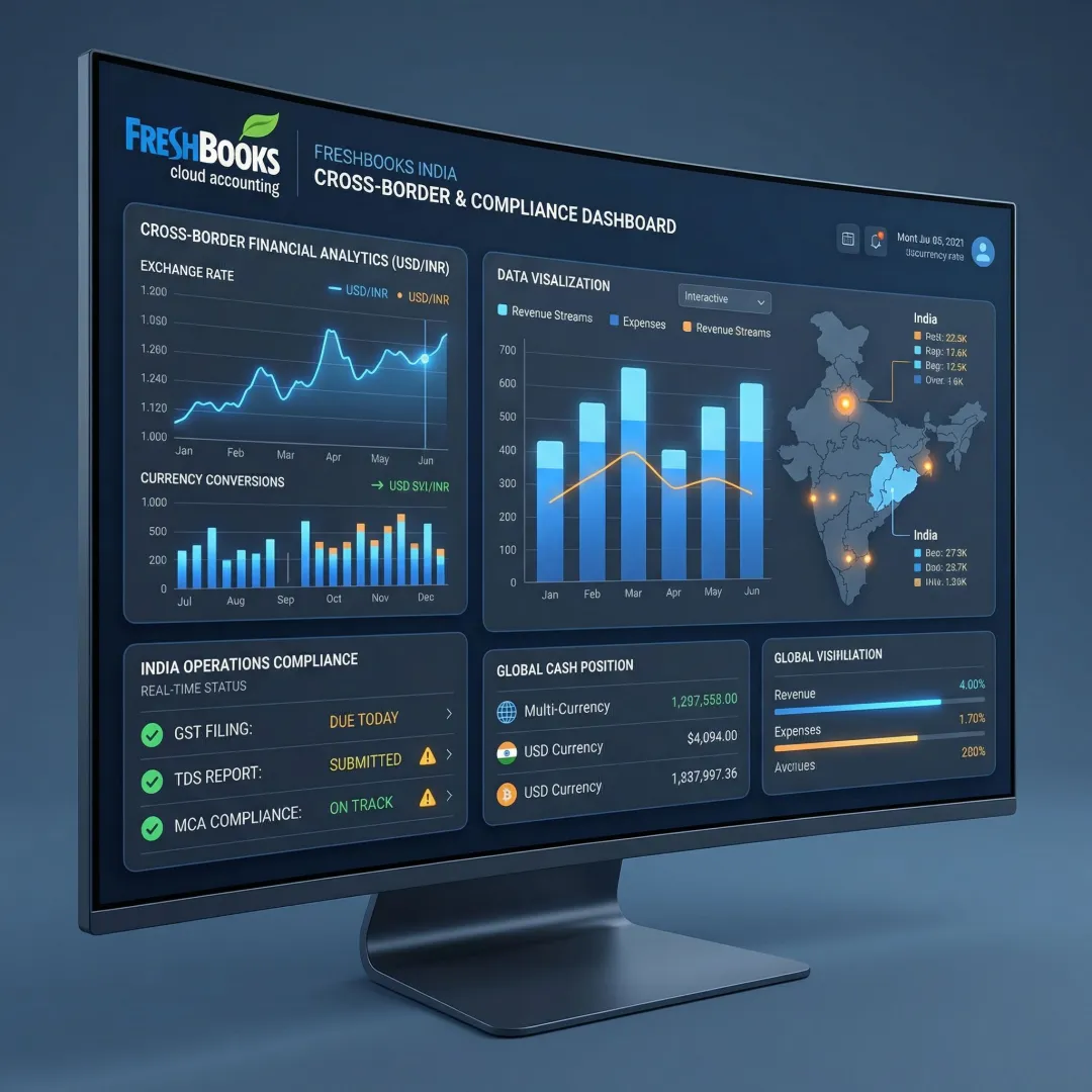 Modern accounting dashboard showing India and Singapore financial data synchronization