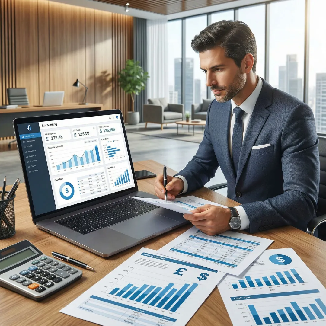 Professional bookkeeper reviewing financial documents for US business operations in UK