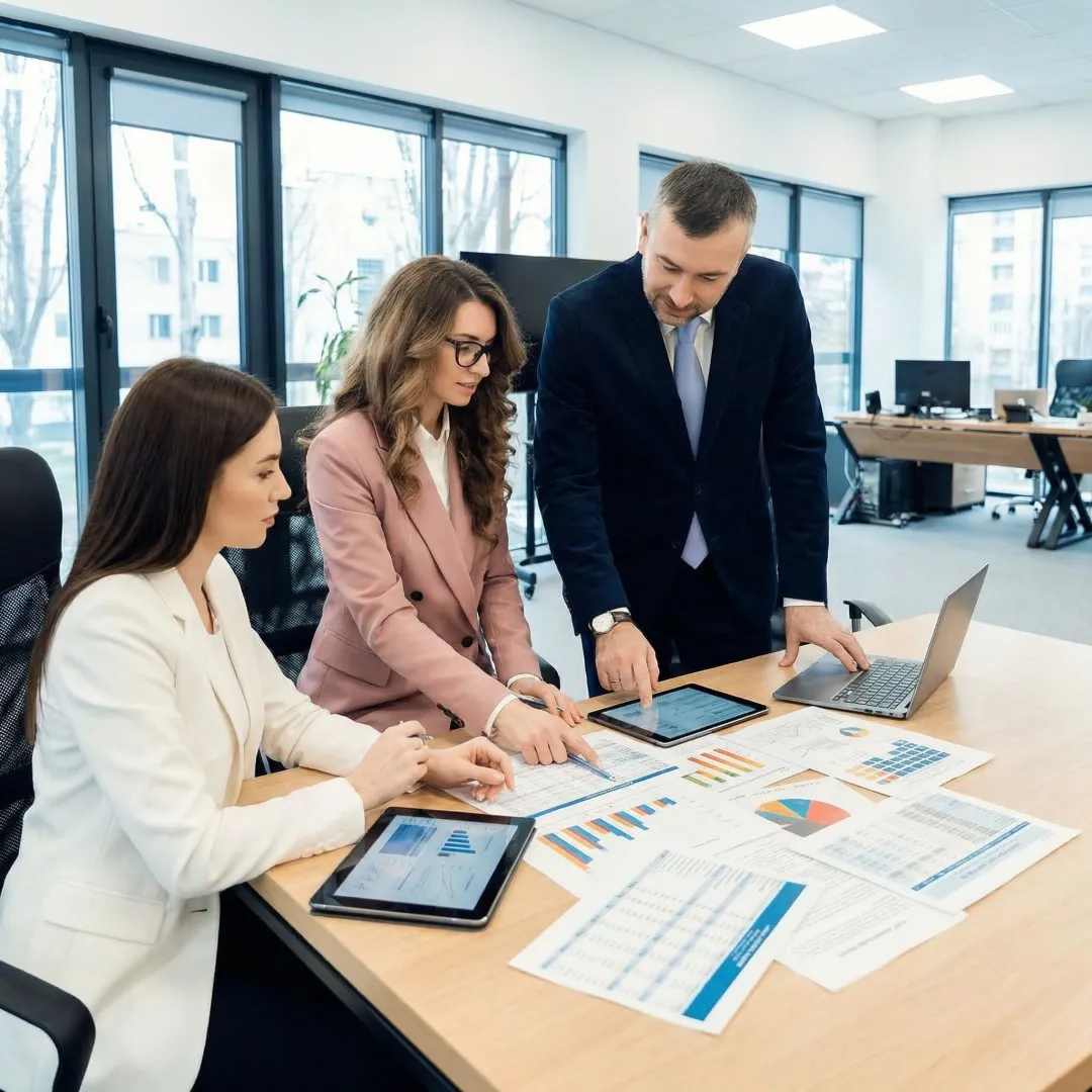 Audit team analyzing financial data and compliance reports
