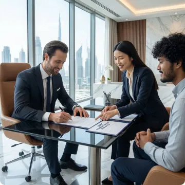 American entrepreneur reviewing DMCC company formation documents in Dubai office