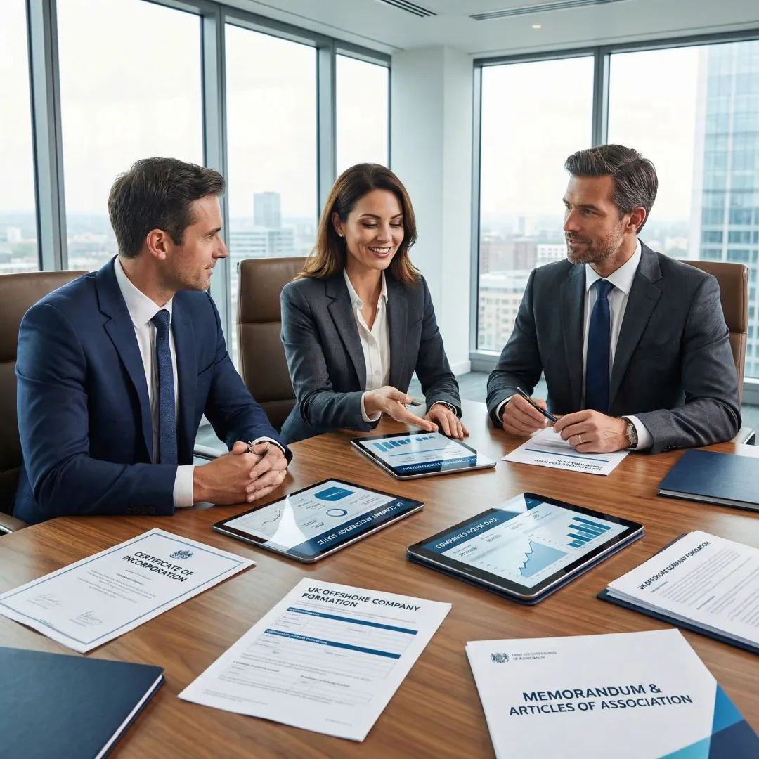 Professional business consultants reviewing UK company formation documents with American client