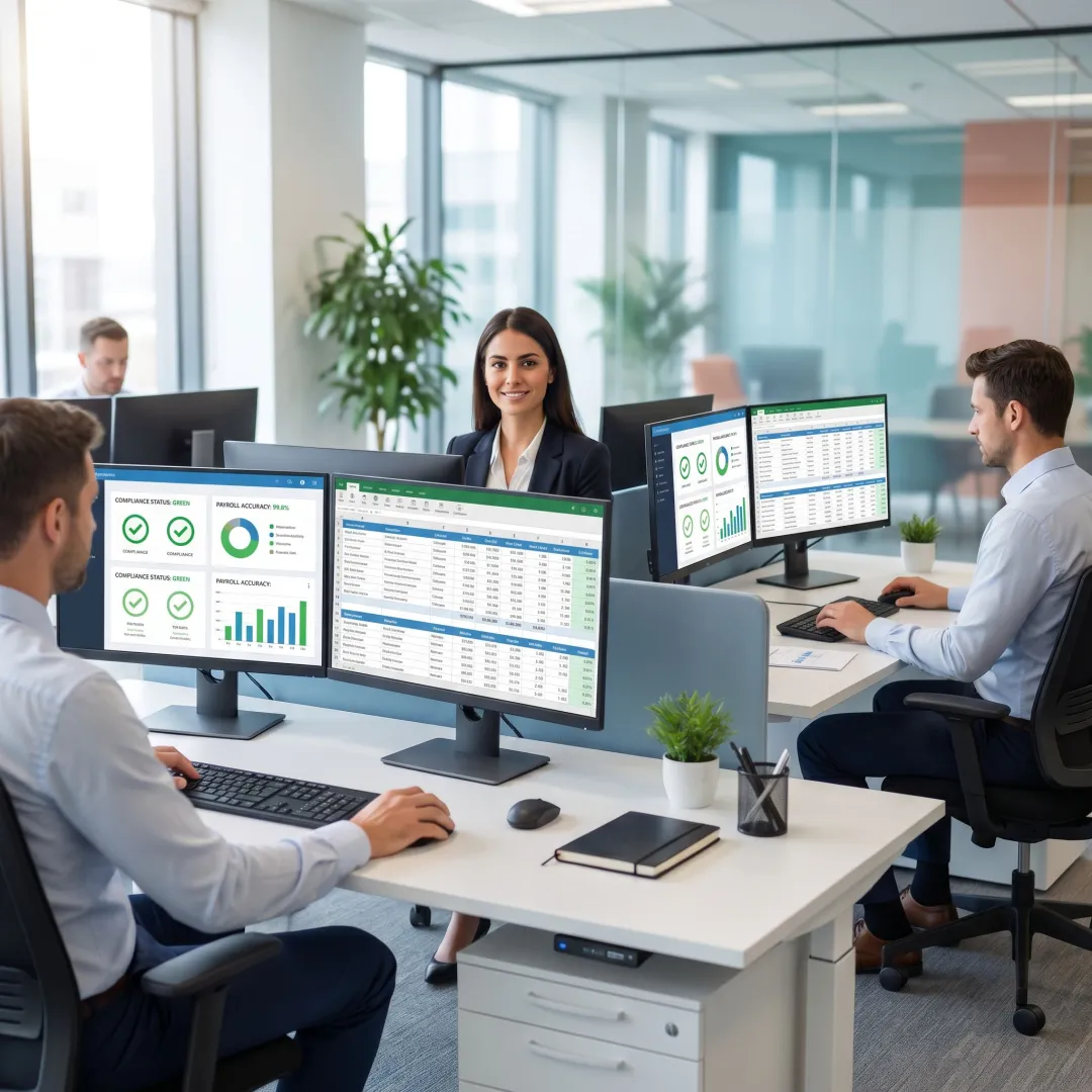 Outsourced payroll team reviewing payroll records