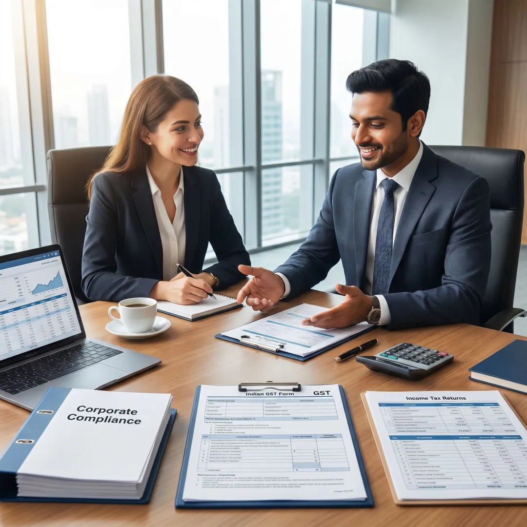 Consultant reviewing Indian tax documents with a foreign client