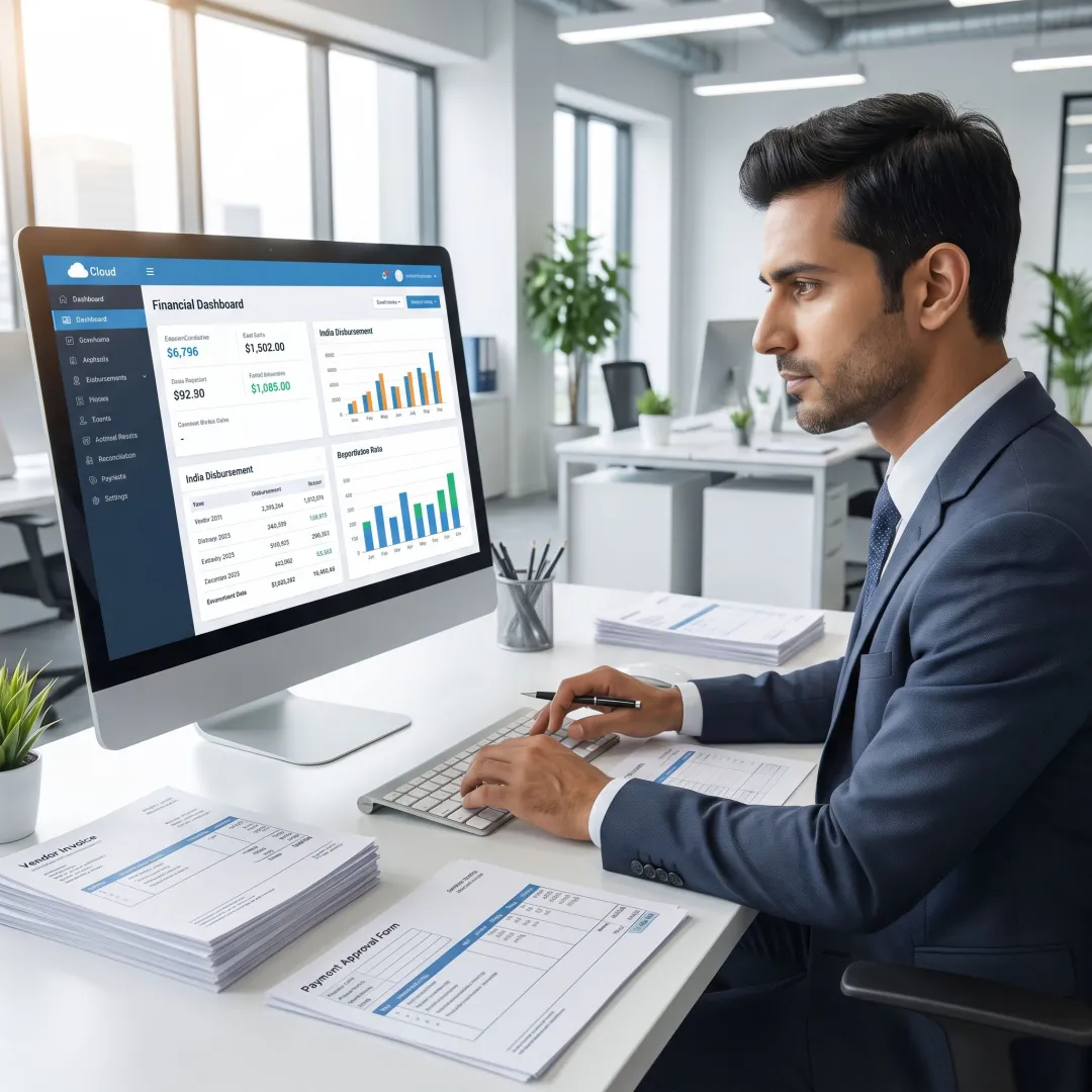 Accountant reviewing payable records and disbursement reports