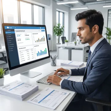 Accountant reviewing payable records and disbursement reports