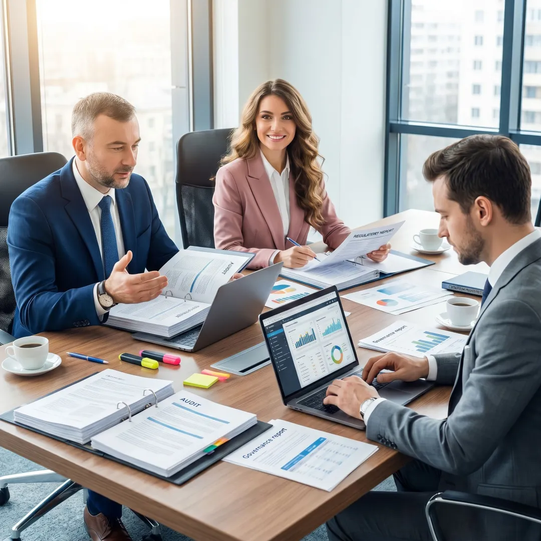 Consultants reviewing compliance audit documents