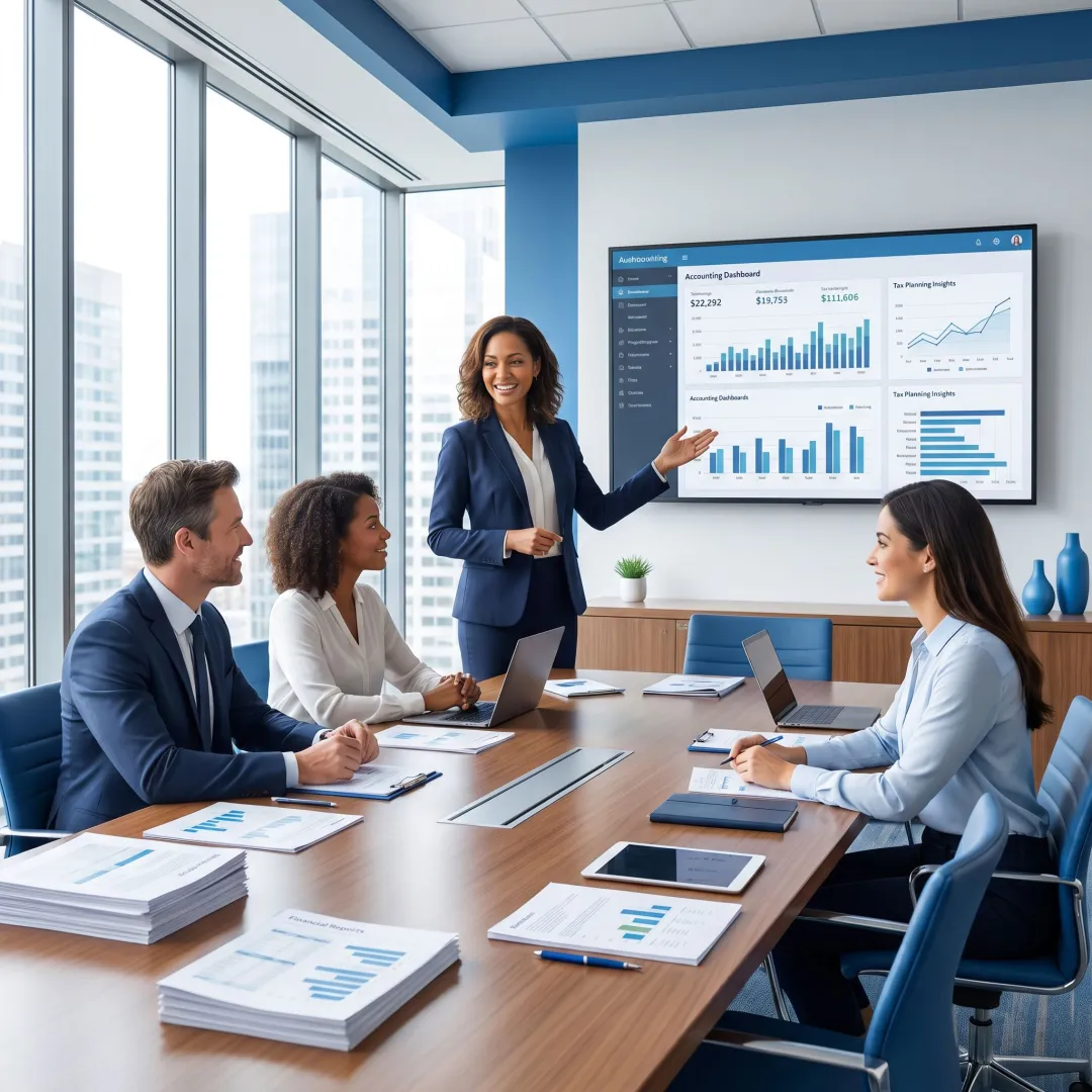 Financial consultant presenting accounting insights to business team