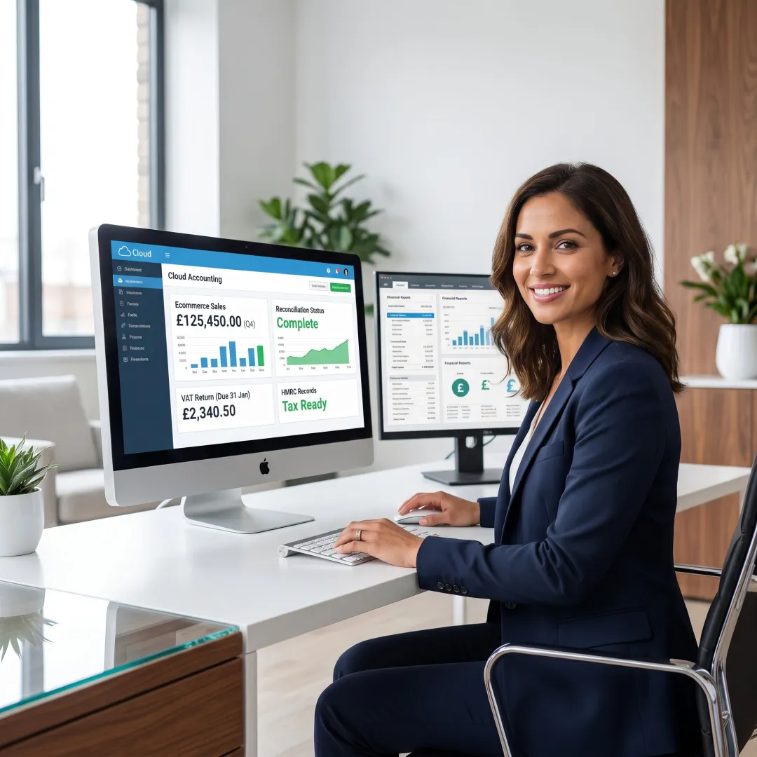 Accountant managing cloud bookkeeping for ecommerce seller