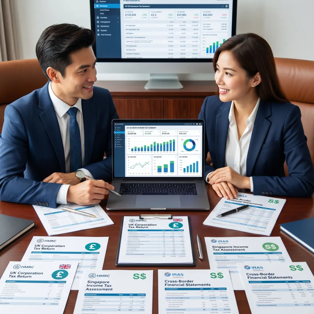 Accountants reviewing UK tax documents for a Singapore business