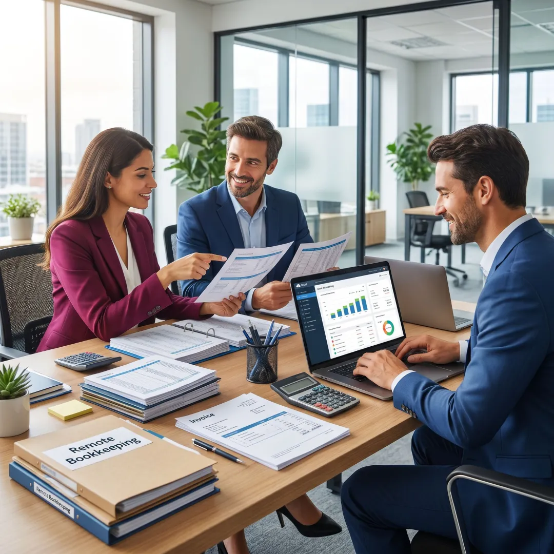 Remote bookkeeping team managing cloud-based financial records