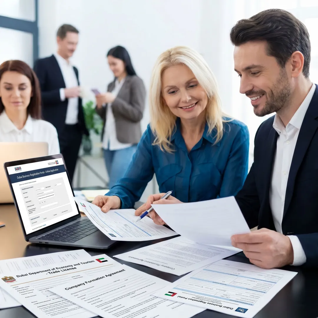 Business consultant guiding entrepreneur on Dubai DED license setup