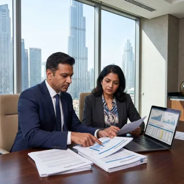 Business restructuring advisors reviewing documents in Dubai