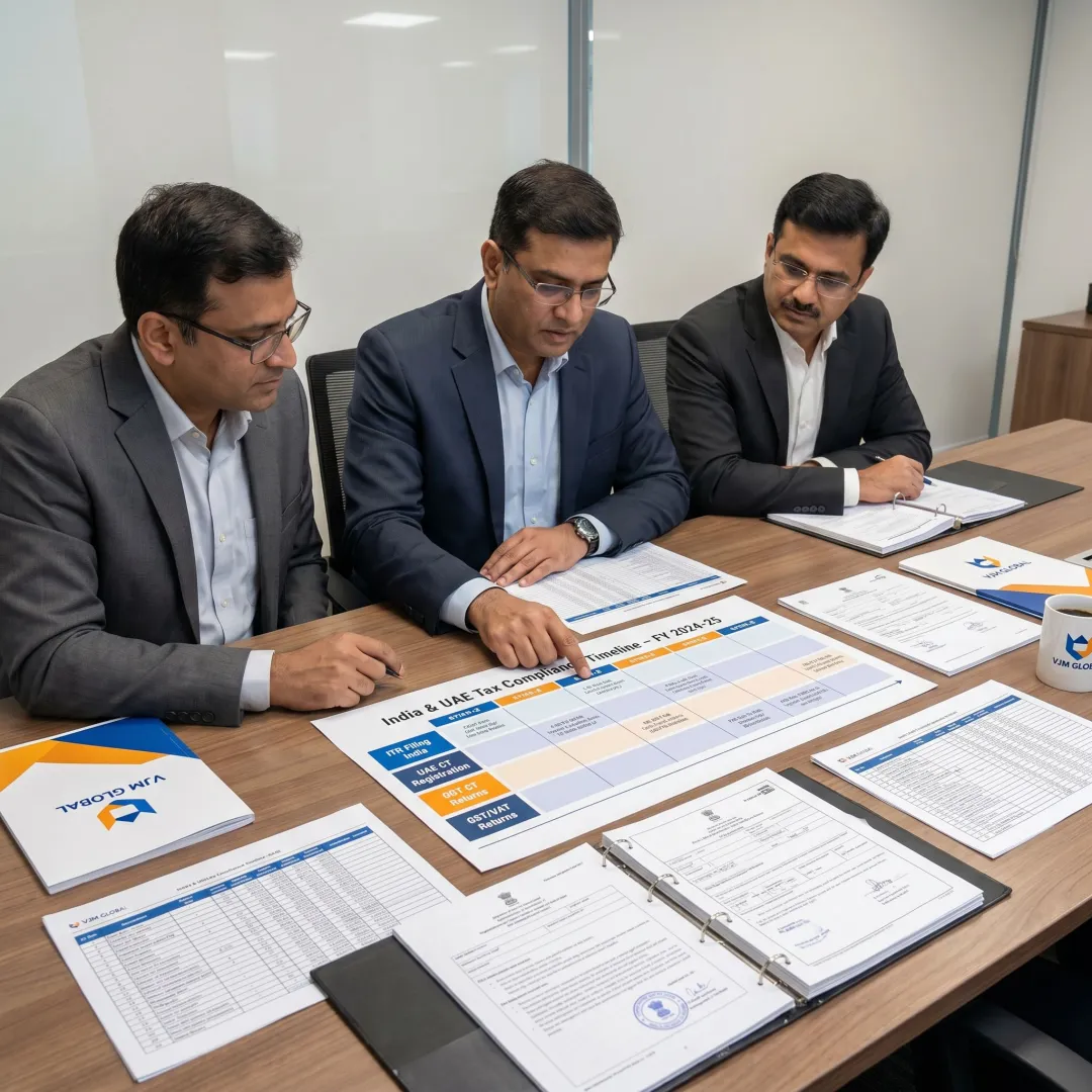 Tax advisors reviewing India-UAE compliance documents