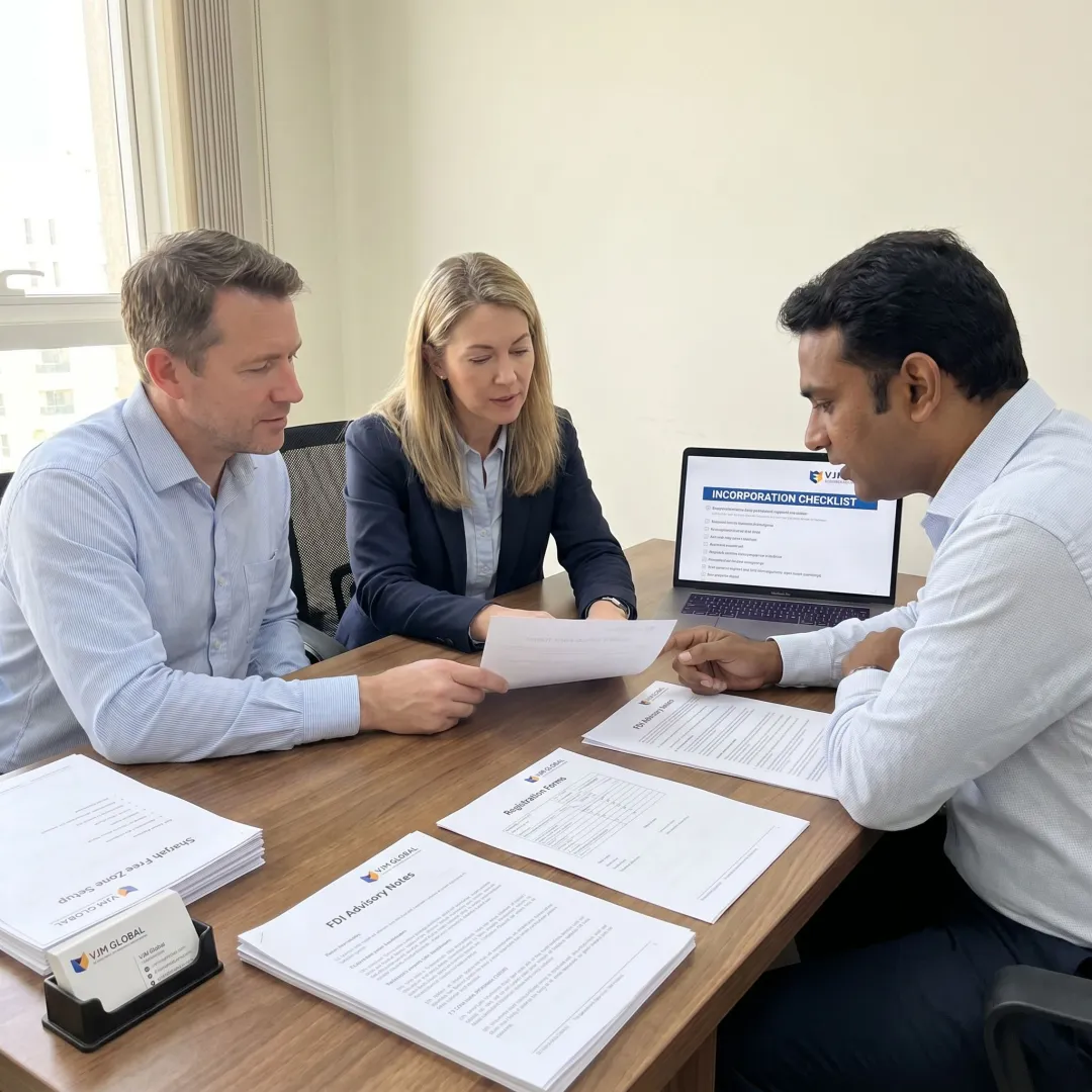 Business setup advisors reviewing incorporation steps