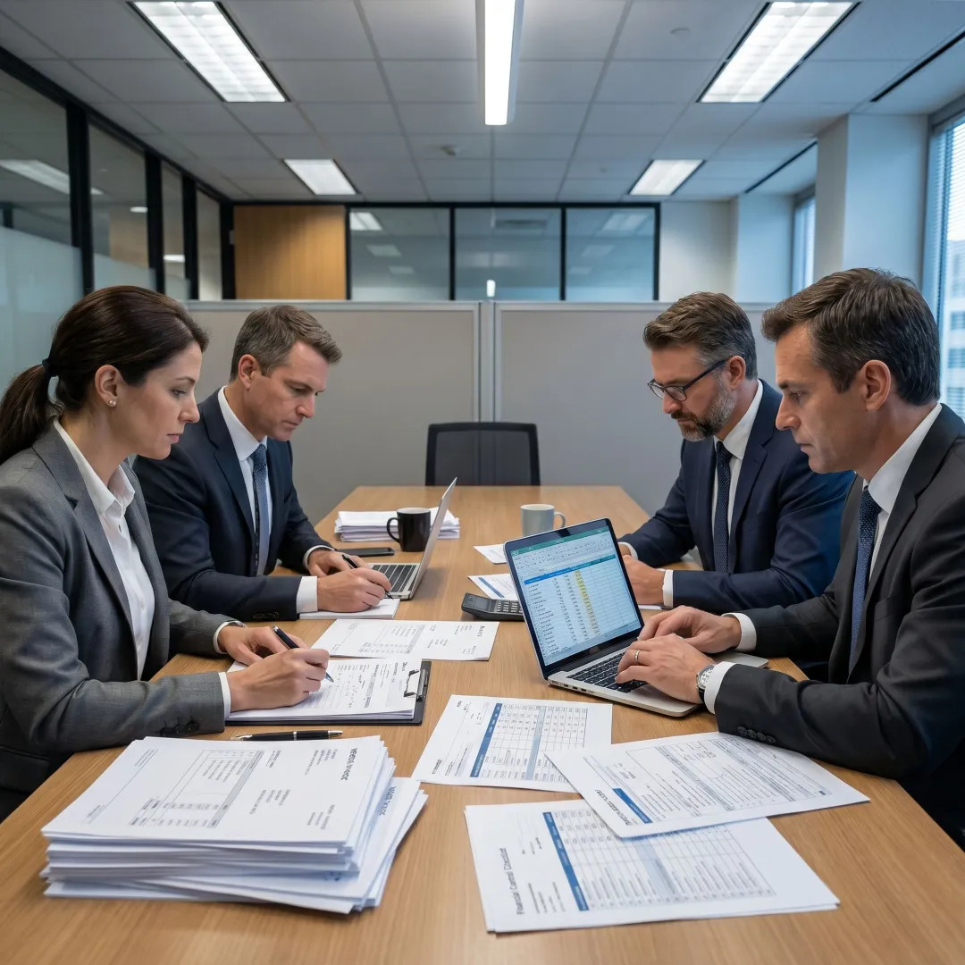 Auditors analyzing cost data and invoices