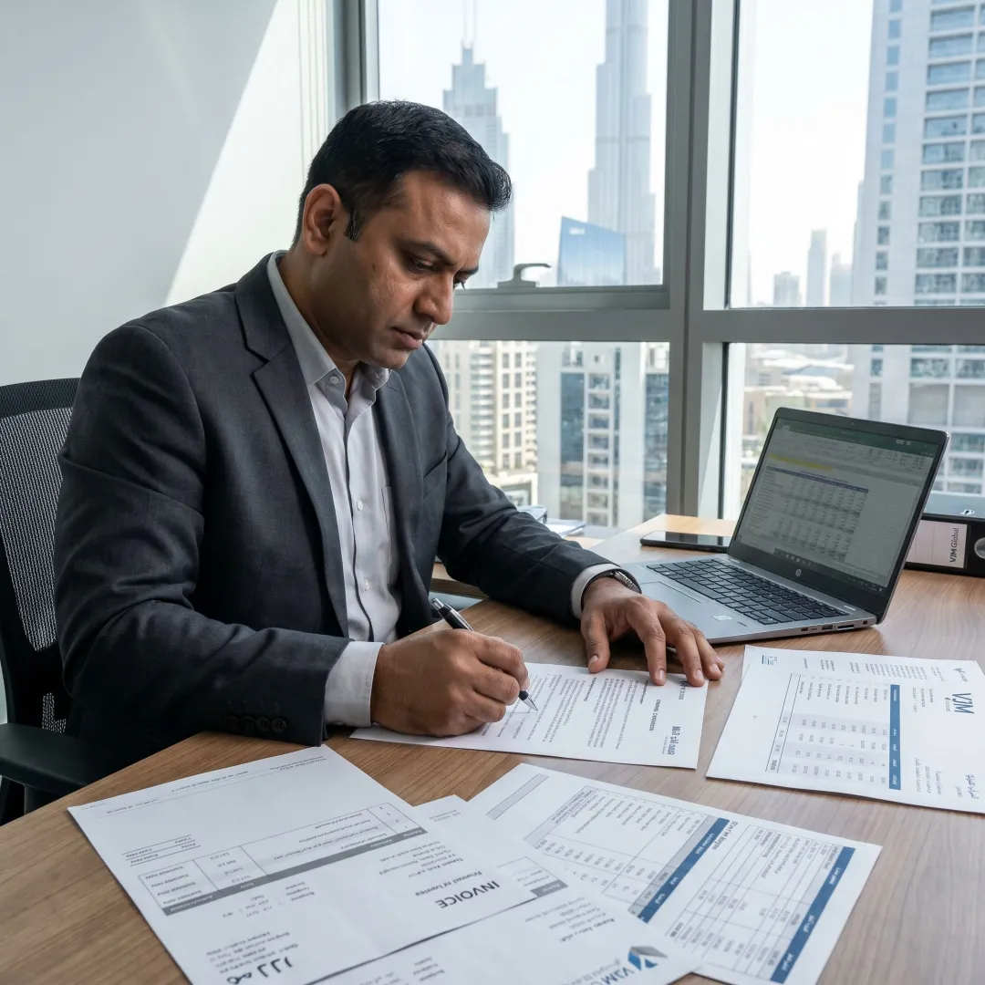Cost audit consultant reviewing financial reports in Dubai