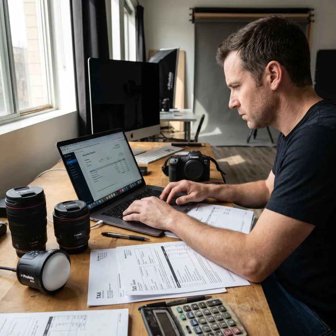 Photographer reviewing accounting reports on a laptop