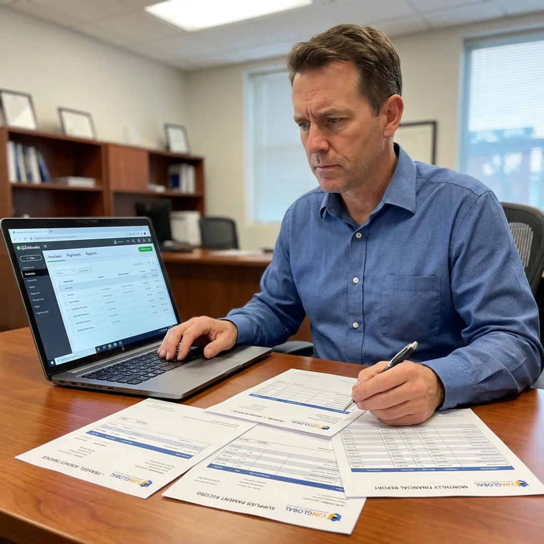 Accountant organizing travel agency invoices and reports