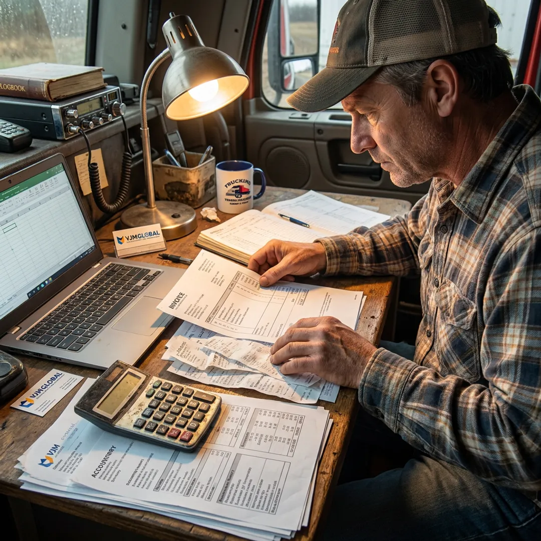 Truck driver reviewing accounting records