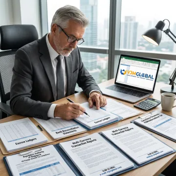 Escrow reconciliation specialist reviewing financial records