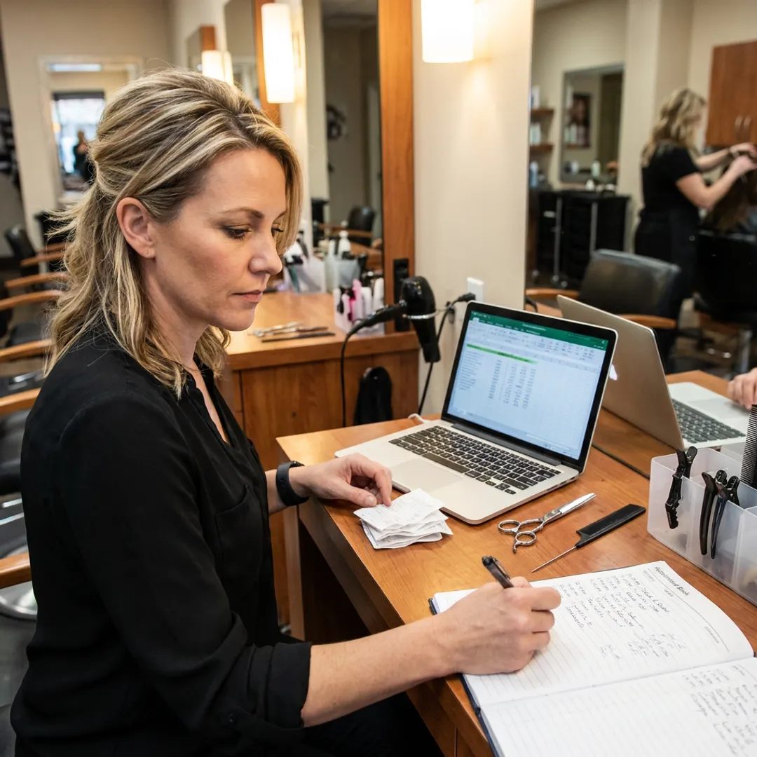 Salon owner reviewing bookkeeping reports