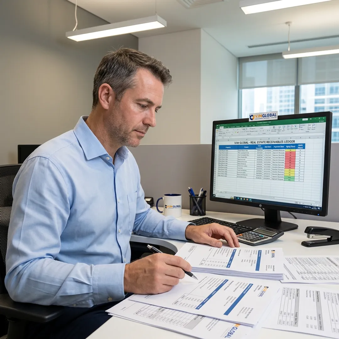 Accounts receivable specialist reviewing real estate invoices
