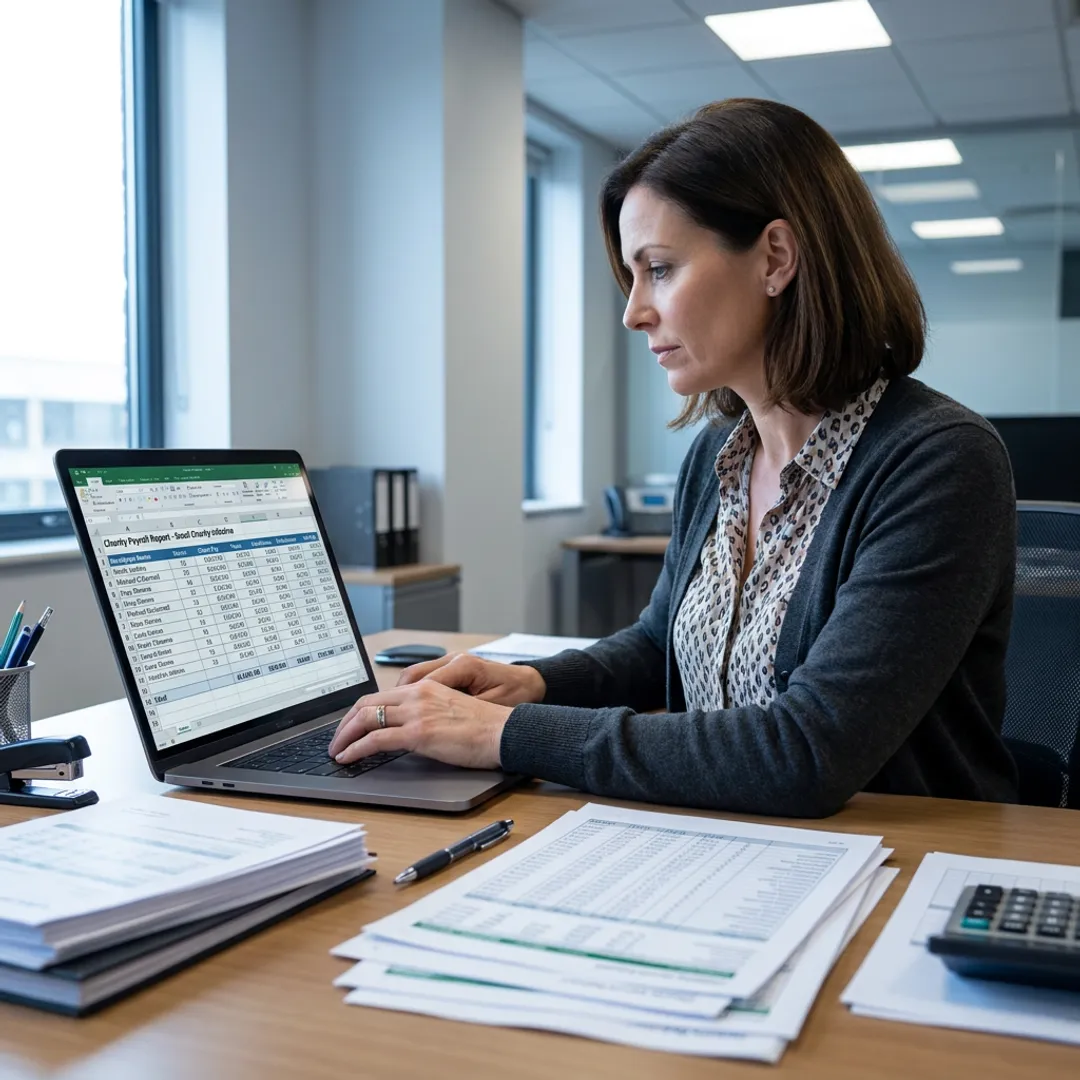 Payroll specialist reviewing nonprofit payroll reports
