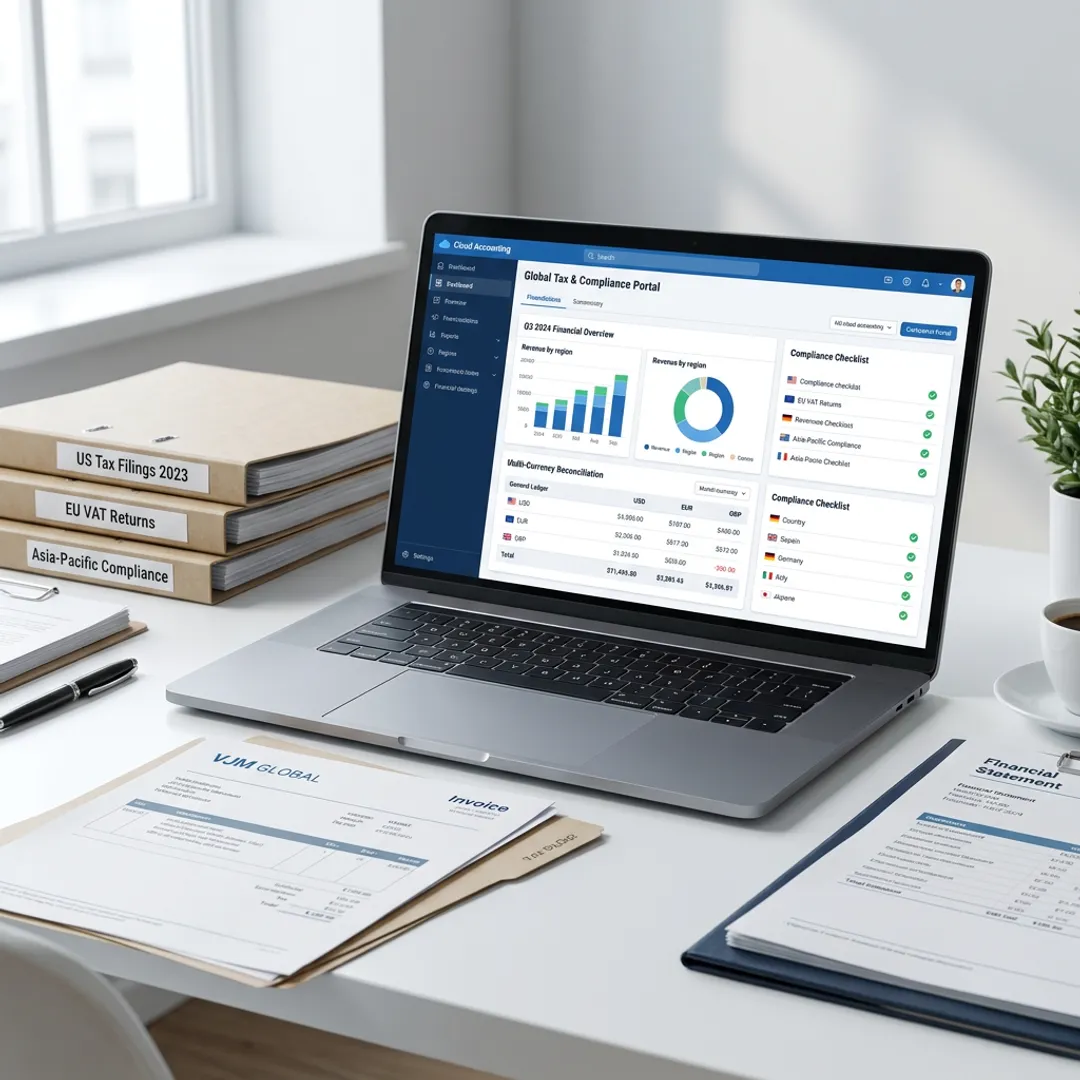 Cloud accounting dashboard and tax documents on a desk
