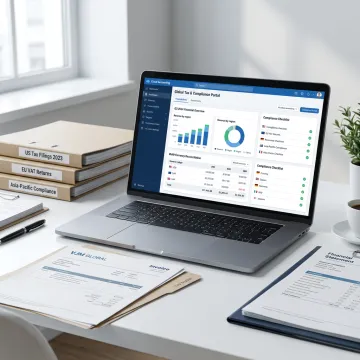 Cloud accounting dashboard and tax documents on a desk