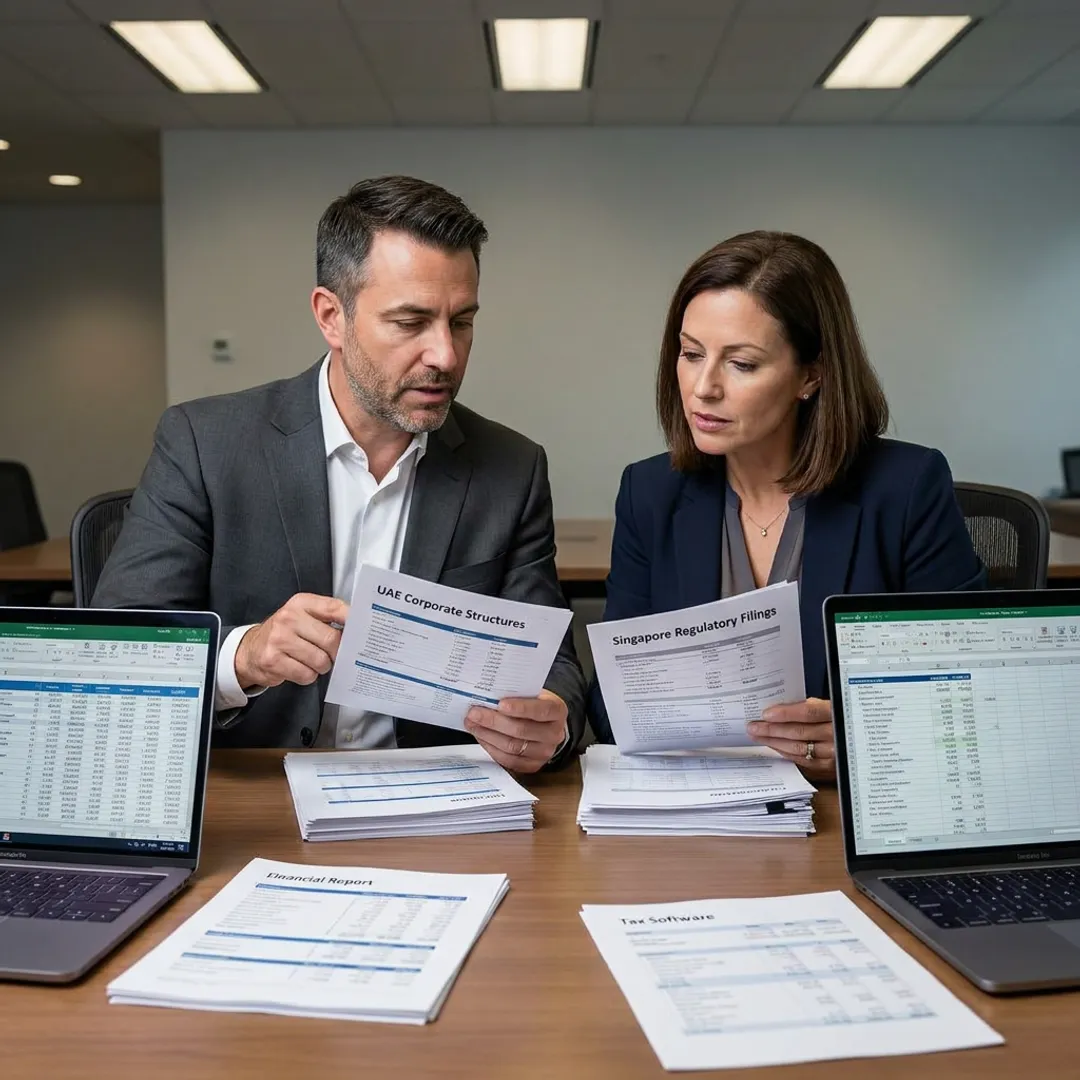 Accounting team reviewing financial reports for UAE firms in Singapore