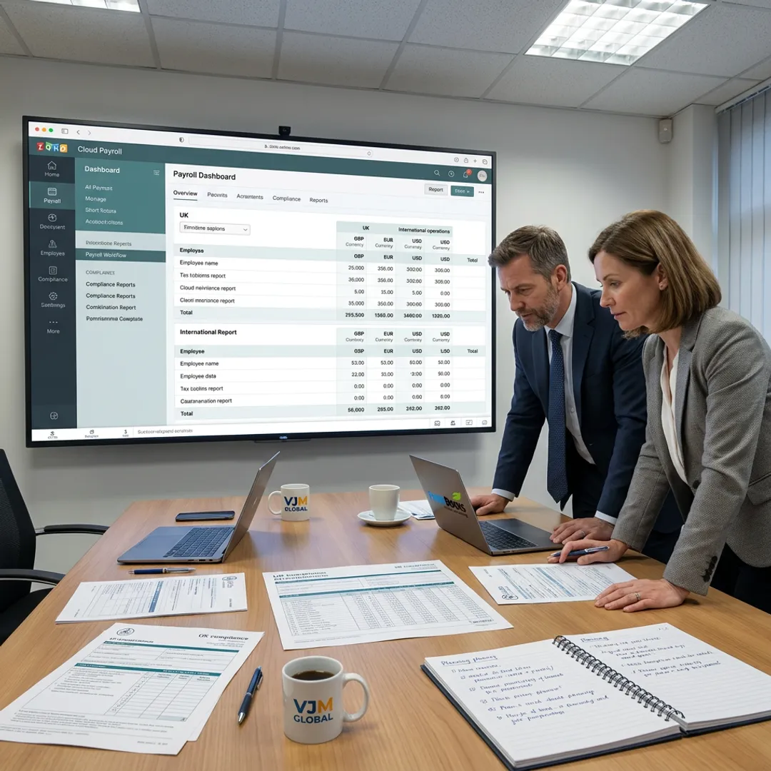 Consultants reviewing payroll workflow and cloud accounting setup