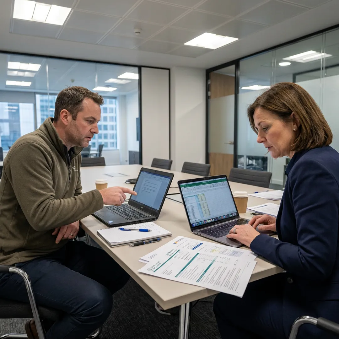 UK SME owner reviewing tax documents with an advisor