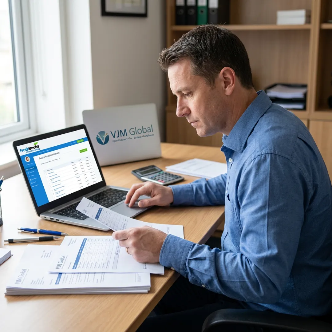 Payroll consultant reviewing timesheets and reports