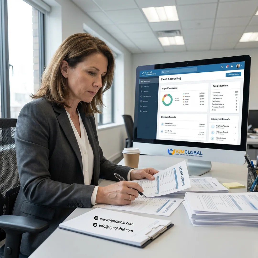 Payroll specialist reviewing business payroll reports