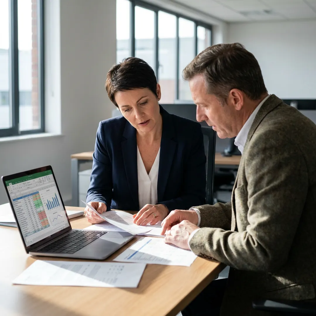 Tax advisor reviewing financial reports with UK business client