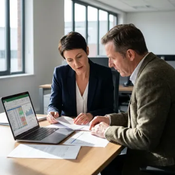 Tax advisor reviewing financial reports with UK business client